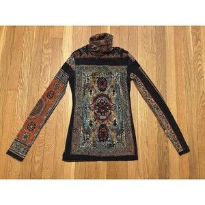 Vintage John Paul Gaultier Soleil Mesh Turtleneck Rug Top Print Mesh Maille XL